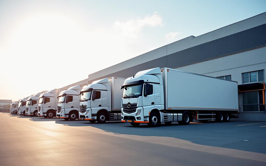 High-volume logistics hub with modern freight trucks and automated systems